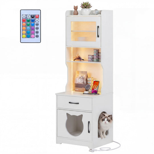 Cat Litter Box Enclosure with LED Light & Charging Station
