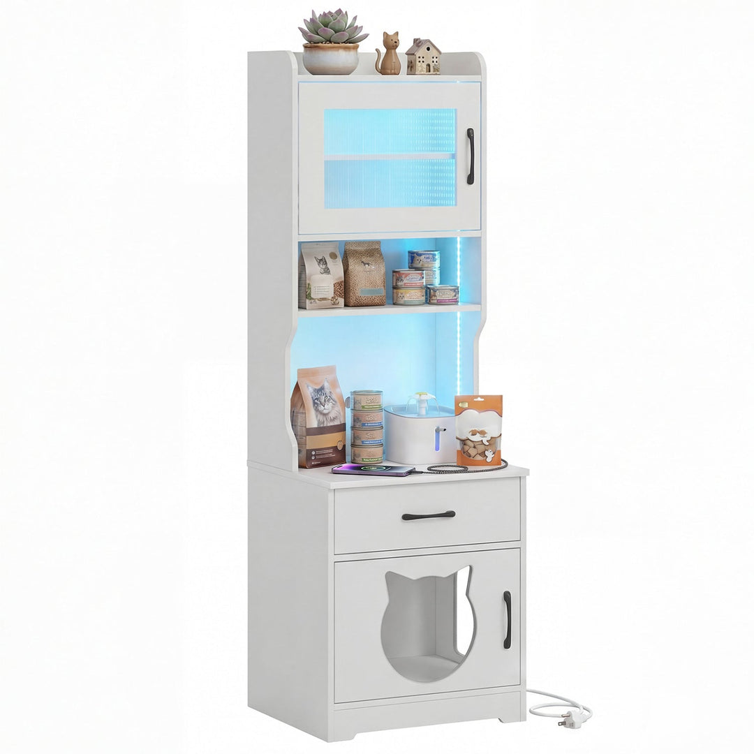 Cat Litter Box Enclosure with LED Light & Charging Station