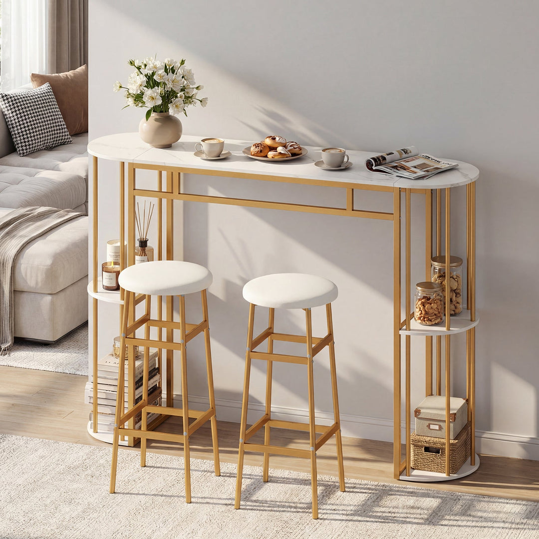60 Inch Dining Table and 2 Upholstered Barstools with Faux Marble Tabletop