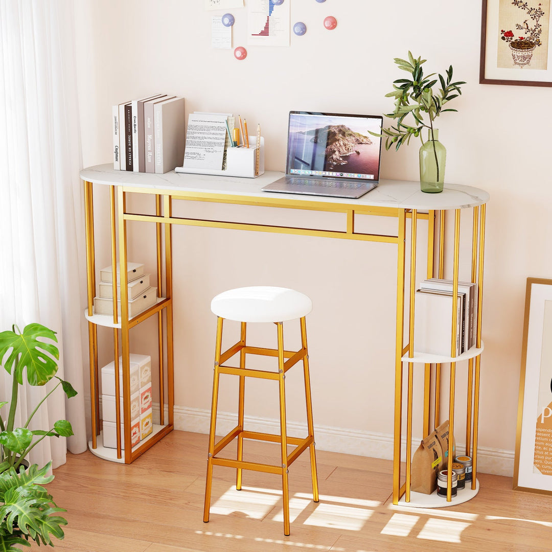 60 Inch Long Bar Table Narrow with Faux Marble Tabletop and Storage Shelves