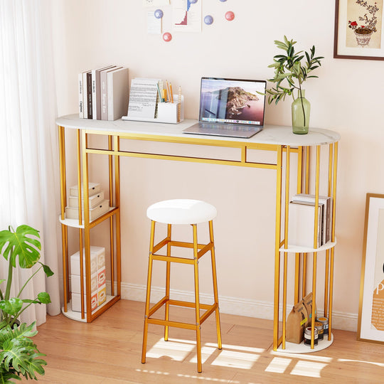 60 Inch Long Bar Table Narrow with Faux Marble Tabletop and Storage Shelves