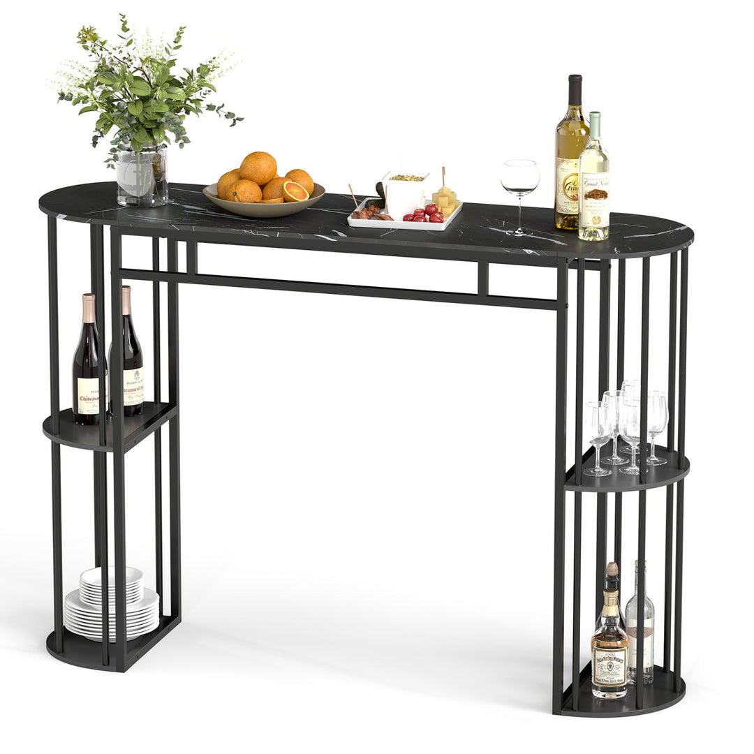 60 Inch Long Bar Table Narrow with Faux Marble Tabletop and Storage Shelves