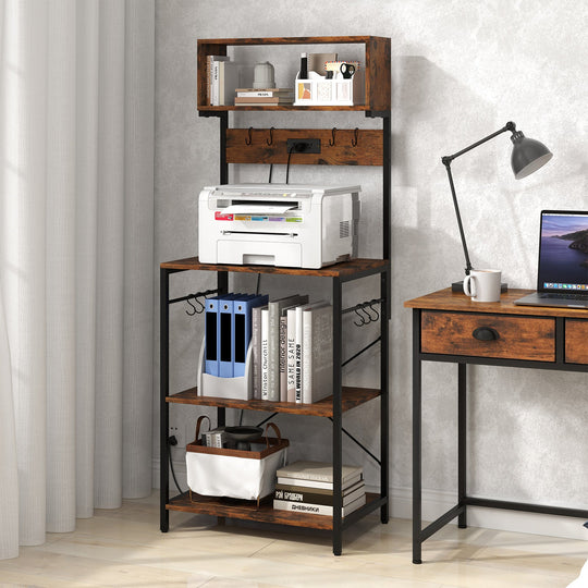 60 Inch Tall Microwave Stand with Open Shelves and 10 Hanging Hooks-Rustic Brown