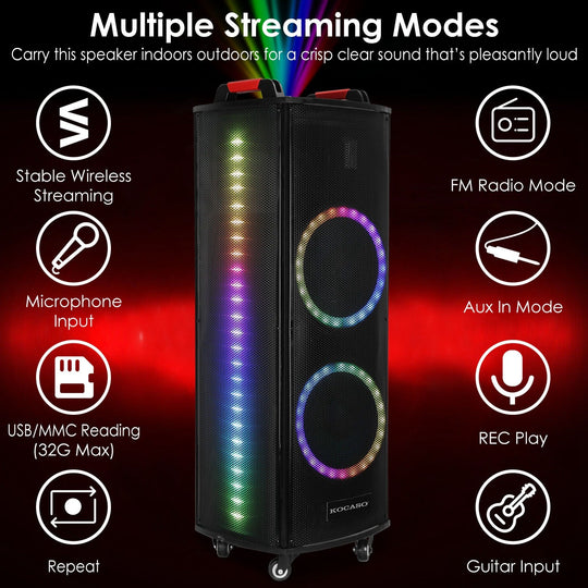 Portable Wireless Party Speaker Colorful Lights DJ PA System with TWS Function FM Radio USB MMC Card Reading Aux In Guitar Input Recording Function Mi