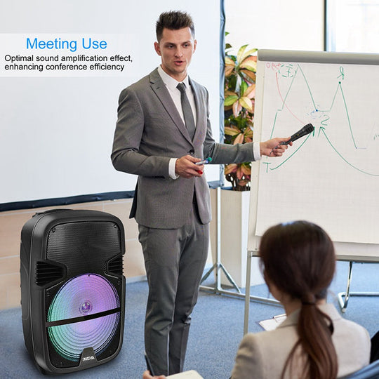KOCASO Wireless Speaker Portable PA Karaoke System with 12" Subwoofer FM Radio Wired Microphone w/ DJ Lights FM Remote Control
