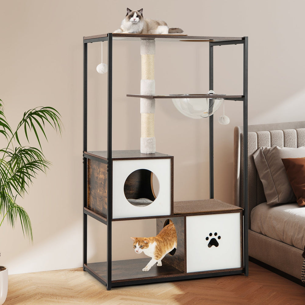 52 Inch Tall Wooden Cat Tree Metal Frame with 2 Condos and Cushions-Coffee