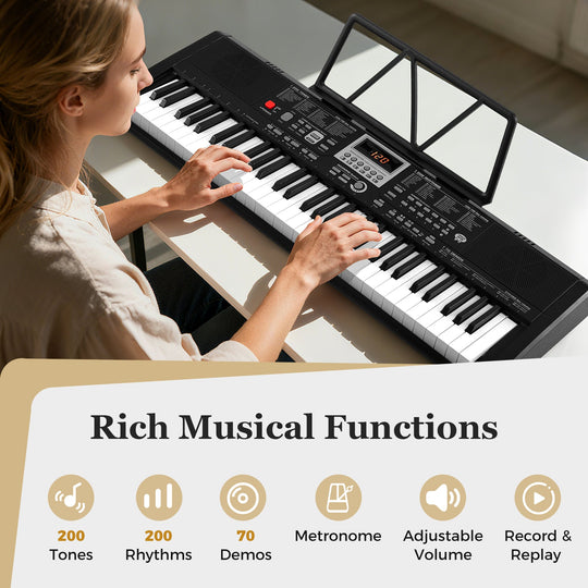61 Keys Portable Keyboard for Beginners Electric Piano Keyboard Kit with 200 Rhythms and 200 Tones-Black