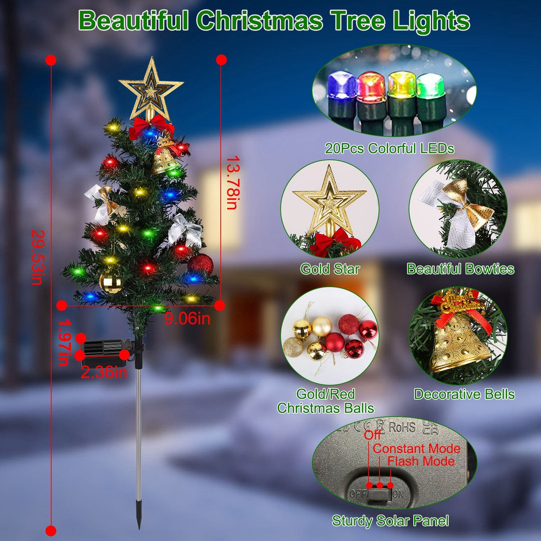 4Packs Solar Christmas Tree Lights Xmas Garden Decorations Tree Stake Lamp 20LEDs Solar Decor Light with Constant and Flashing Mode for Pathway Yard P