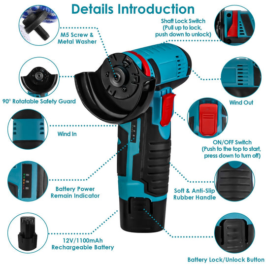 12V Cordless Mini Angle Grinder Hand Polishing Grinding Machine Cordless Cutter Grinding Tool with 7Pcs Disc 2Pcs 1100mAh Batteries and Charger Hex Ke