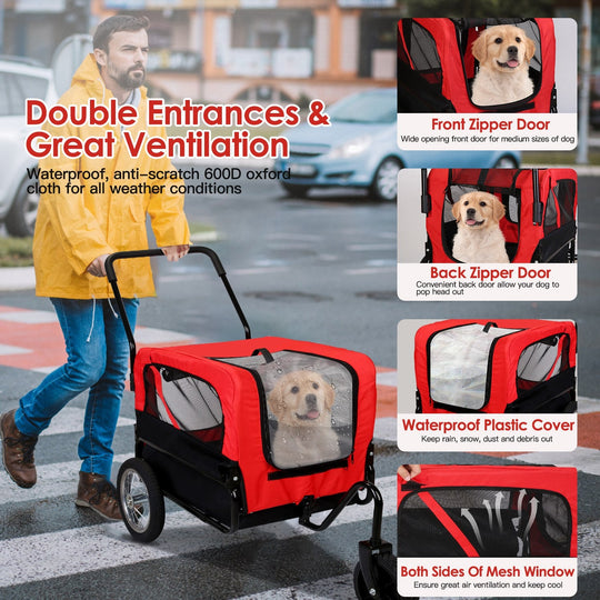 2-in-1 Pet Bike Trailer And Stroller with Canopy Bicycle Carrier Bicycle Cargo Wagon Trailer 44LBS Weight Capacity For Small Medium Dogs Cats