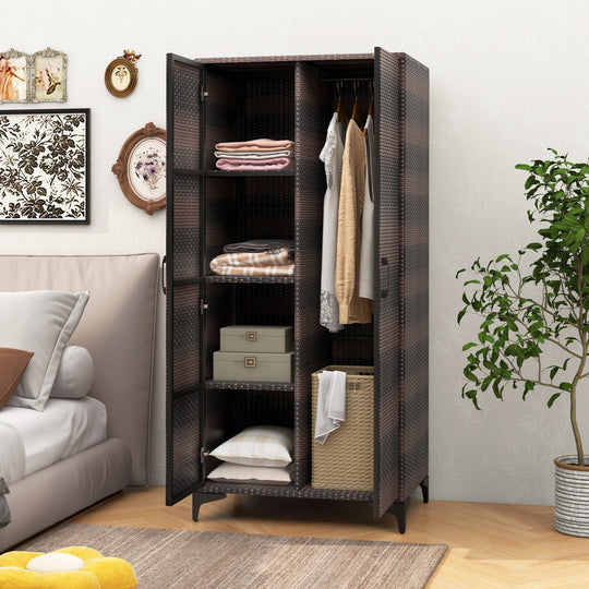 62 Inch Wicker Wardrobe with 2 Doors PE Rattan Closet with Hanging Rod