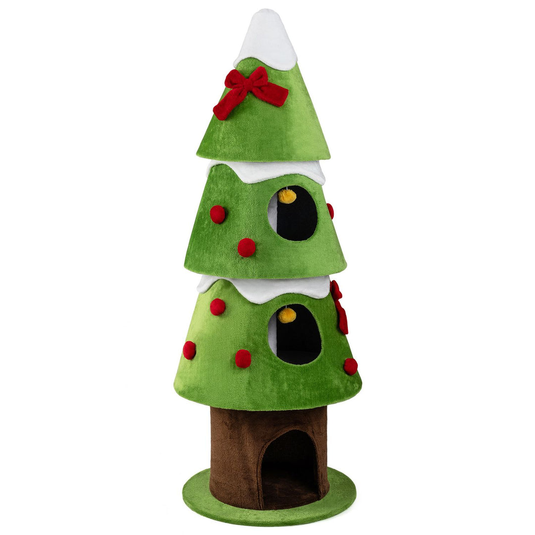 62" Christmas Cat Tree with 3 Cozy Condos and 2 Hanging Balls-Green