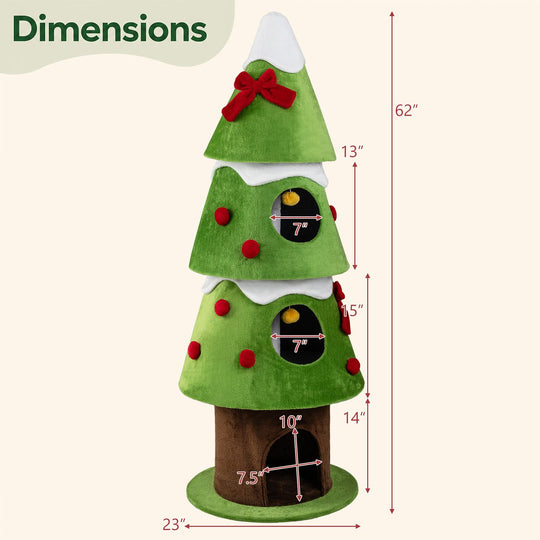 62" Christmas Cat Tree with 3 Cozy Condos and 2 Hanging Balls-Green