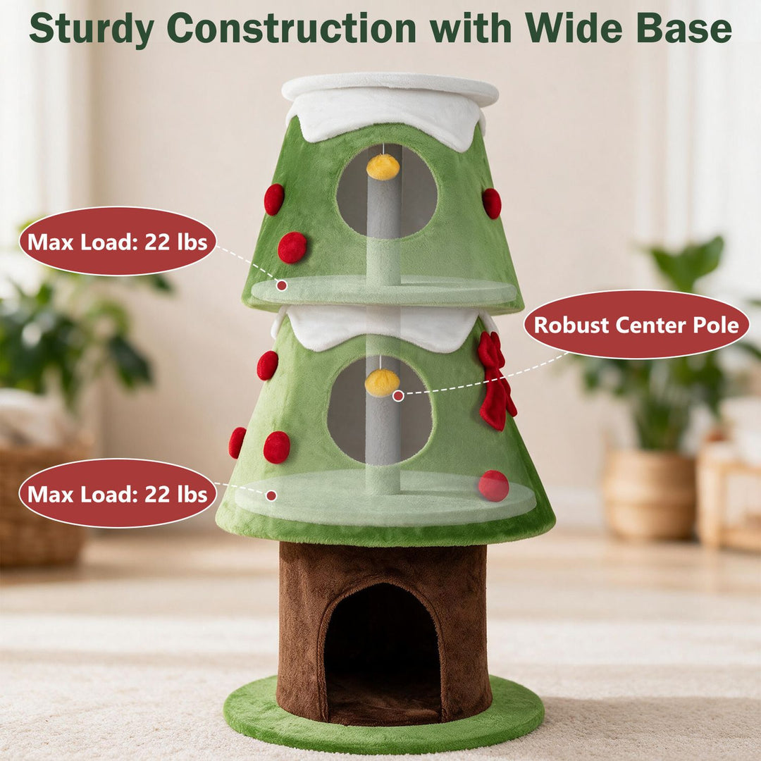 62" Christmas Cat Tree with 3 Cozy Condos and 2 Hanging Balls-Green