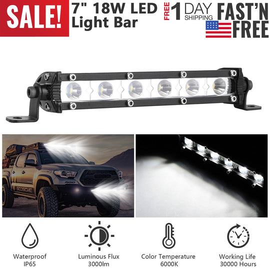 7" LED Light Bar Single Row Offroad Spot Lights 18W Ultra Slim Straight Work Light for Trailer Truck Bus Boat
