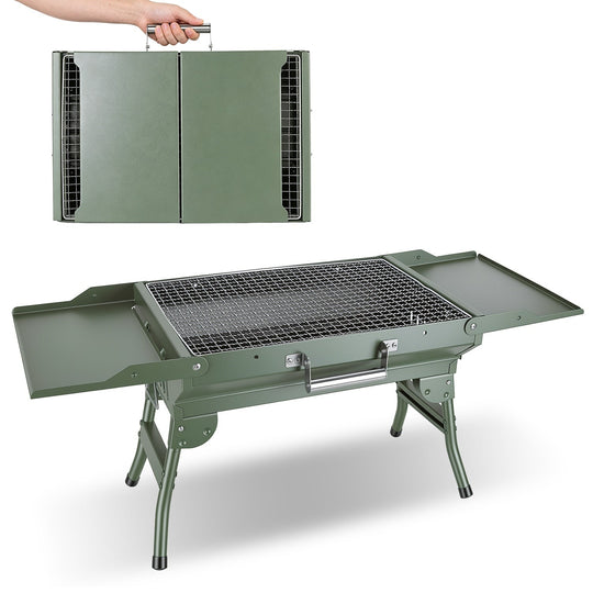 Foldable Charcoal Grill with Storage Shelf and 10 Skewers