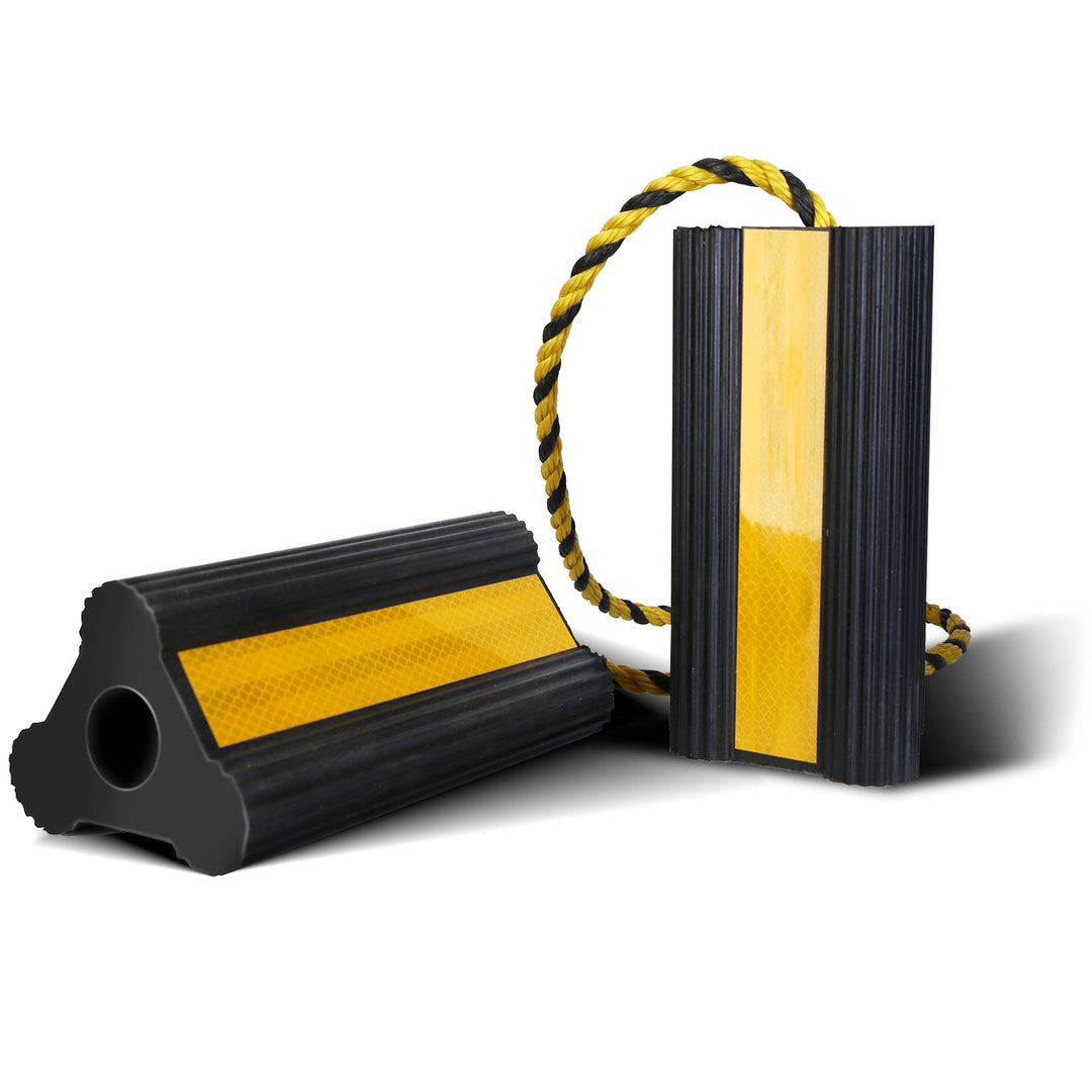 Heavy Duty Rubber Wheel Chocks Tire Chocks Wheel Immobilizers with Nylon Rope Yellow Reflective Stripes for RVs Trucks Trailers Small Airplanes