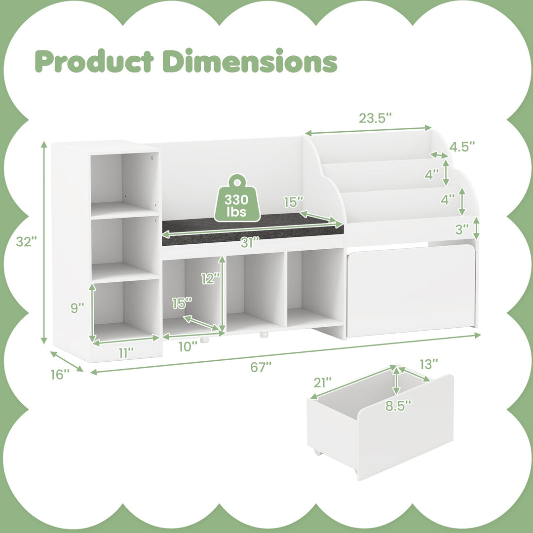 Kids Bookcase with Reading Nook 4-in-1 Standing Toy Organizer-White