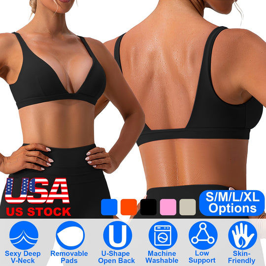 Women Deep V-Neck Sports Bras U-Shaped Back Sport Bras Padded StrappyÊCrop Open Back Low Impact Bras SexyÊFitnessÊTank Tops with Removable Pads for Gy