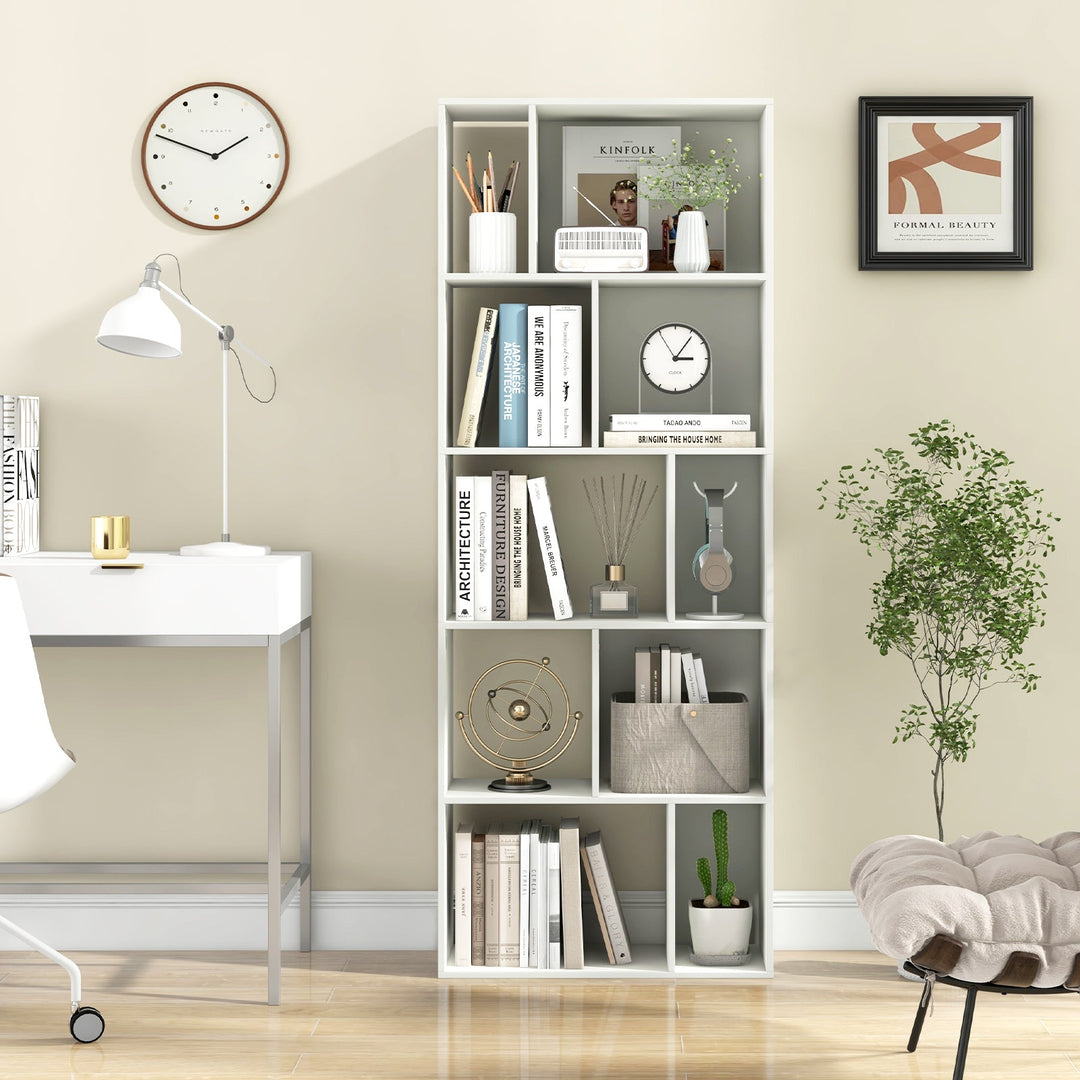 63 Inch 5-Tier Geometric 10-Cube Bookshelf Tall Bookcase-White