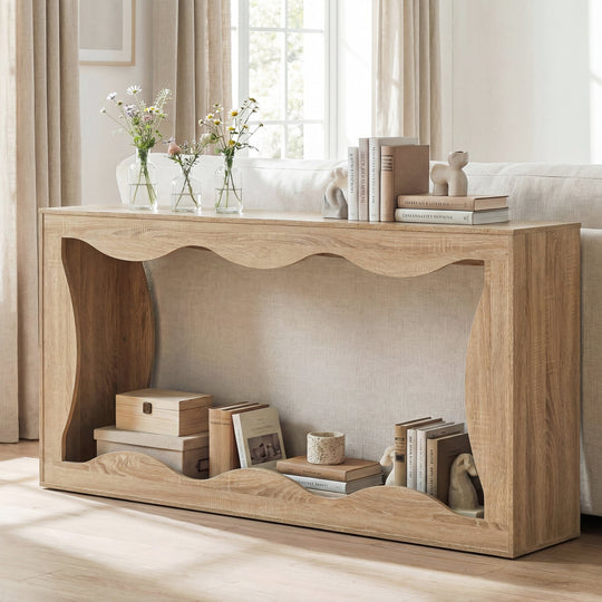 63 Inch Console Table 2-Tier Narrow Entryway Table with Wavy Edge Storage Shelf