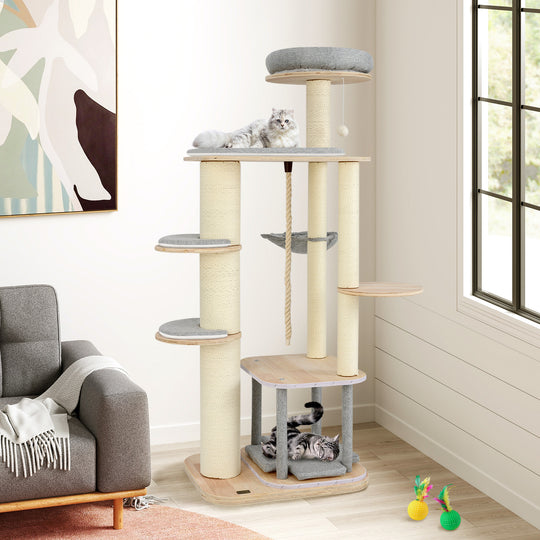 63 Inch Tall Cat Tree Modern Wooden Cat Tower with Perch Condo Hammock-Gray