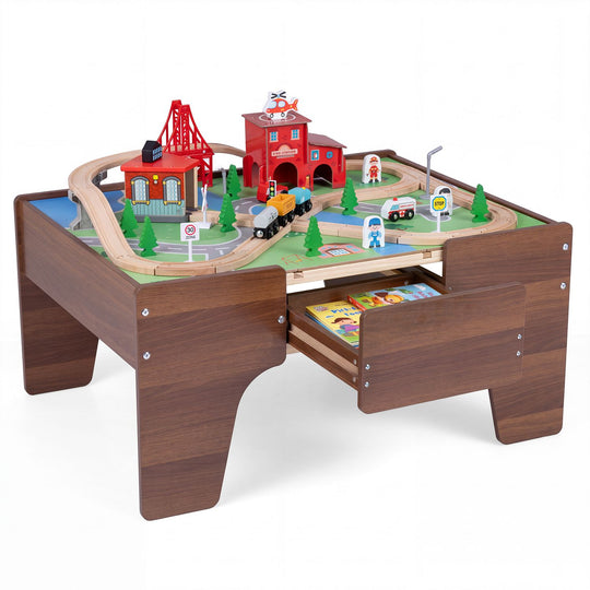 63 Piece Kids Train Table with Storage Drawer and Reversible Tabletop