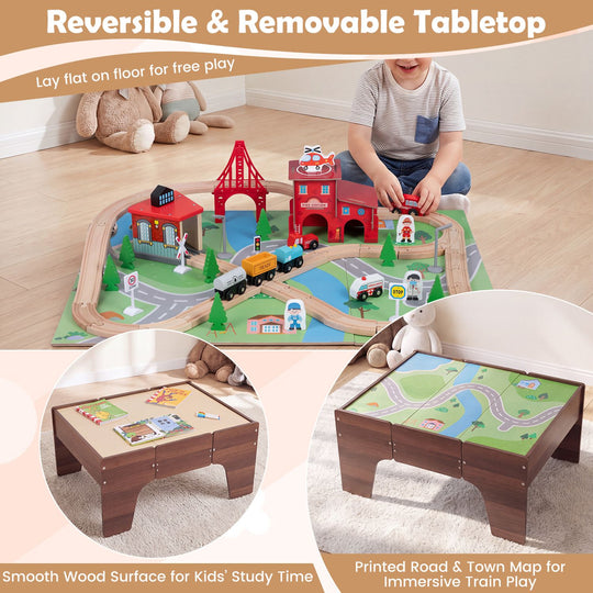 63 Piece Kids Train Table with Storage Drawer and Reversible Tabletop