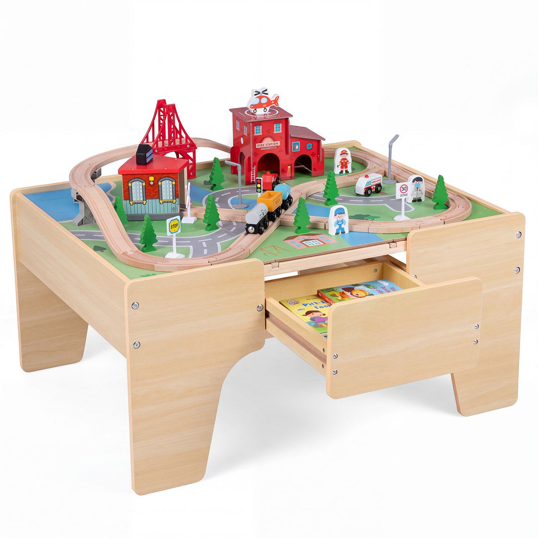 63 Piece Kids Train Table with Storage Drawer and Reversible Tabletop