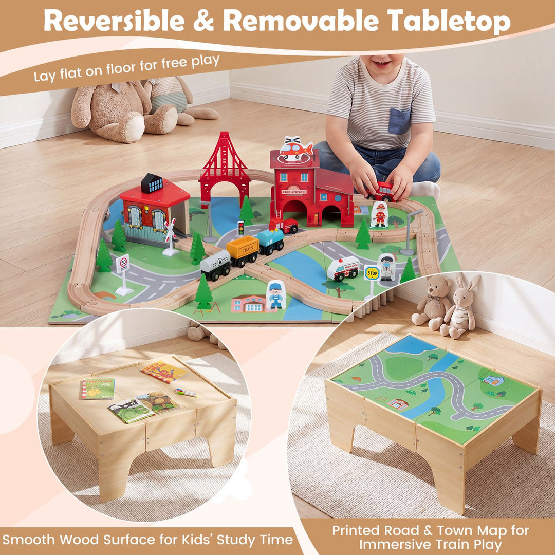 63 Piece Kids Train Table with Storage Drawer and Reversible Tabletop