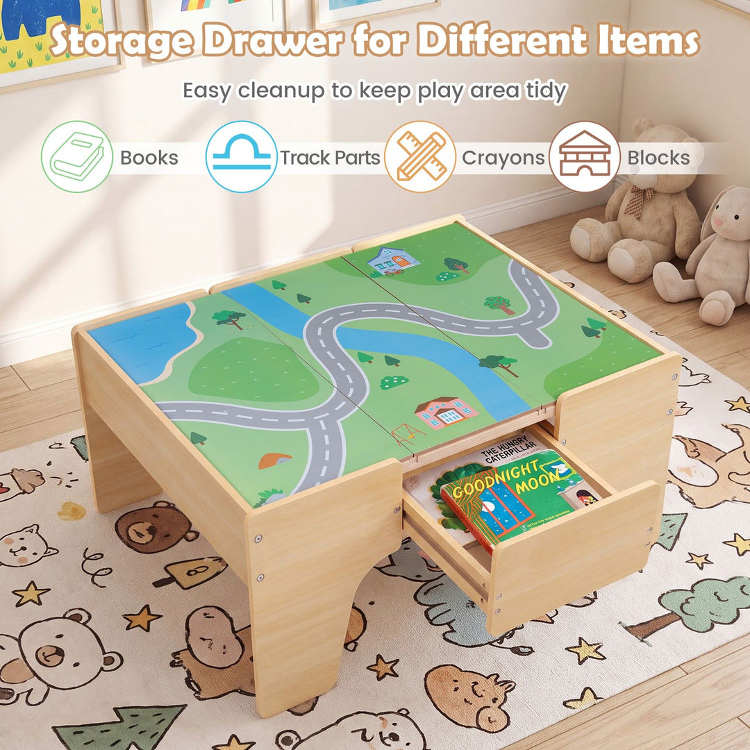 63 Piece Kids Train Table with Storage Drawer and Reversible Tabletop