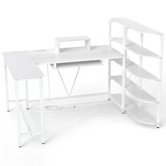 63" U-Shaped Computer Desk with Power Outlets & Bookshelf