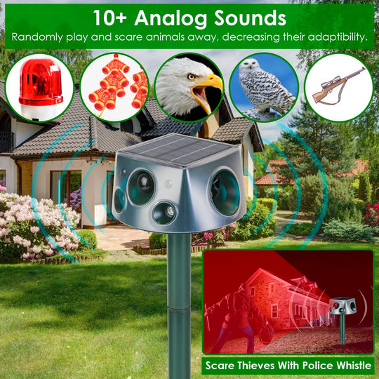 Ultrasonic Solar Animal Repeller Outdoor Mole Snake Squirrel Repellent Waterproof Bird Deer Dog Cat Deterrent with 3 Modes Motion Sensor Vibration Sta