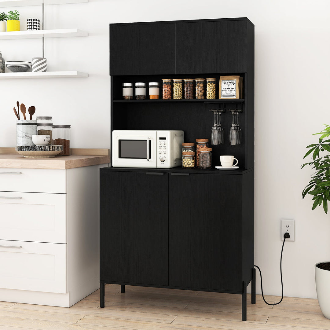 64.5 Inches Tall Kitchen Pantry Cabinet with Charging Station and Wine Glass Rack