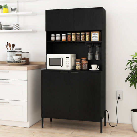 64.5 Inches Tall Kitchen Pantry Cabinet with Charging Station and Wine Glass Rack