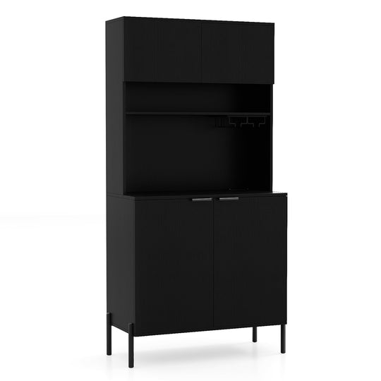 64.5 Inches Tall Kitchen Pantry Cabinet with Charging Station and Wine Glass Rack