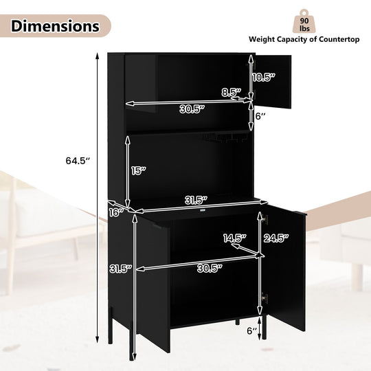 64.5 Inches Tall Kitchen Pantry Cabinet with Charging Station and Wine Glass Rack