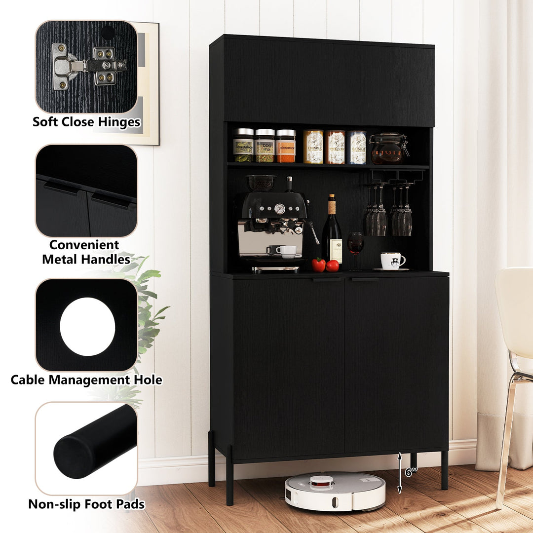 64.5 Inches Tall Kitchen Pantry Cabinet with Charging Station and Wine Glass Rack