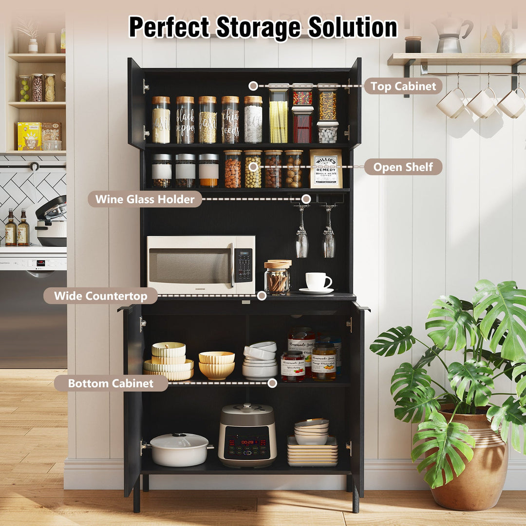 64.5 Inches Tall Kitchen Pantry Cabinet with Charging Station and Wine Glass Rack