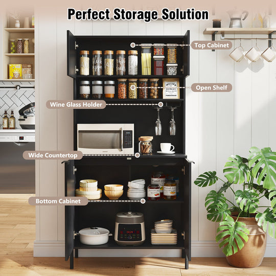 64.5 Inches Tall Kitchen Pantry Cabinet with Charging Station and Wine Glass Rack