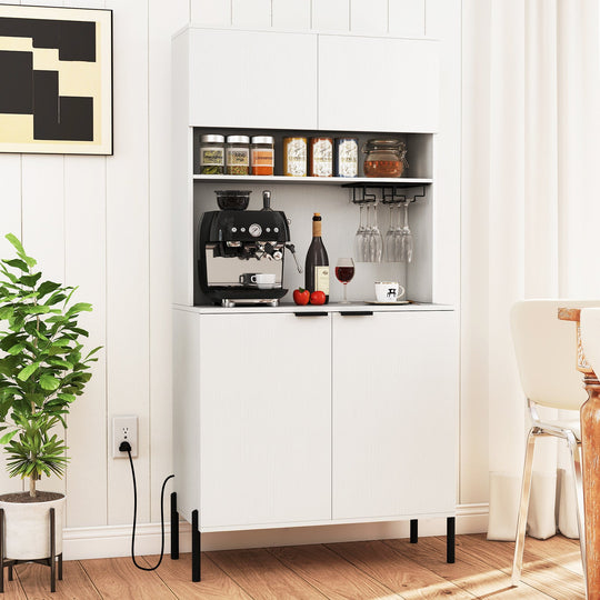 64.5 Inches Tall Kitchen Pantry Cabinet with Charging Station and Wine Glass Rack