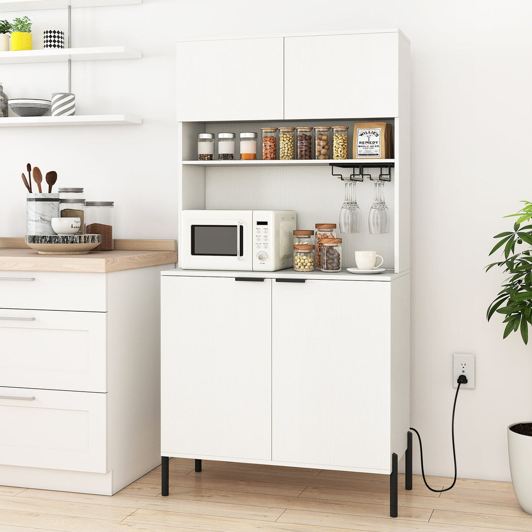 64.5 Inches Tall Kitchen Pantry Cabinet with Charging Station and Wine Glass Rack