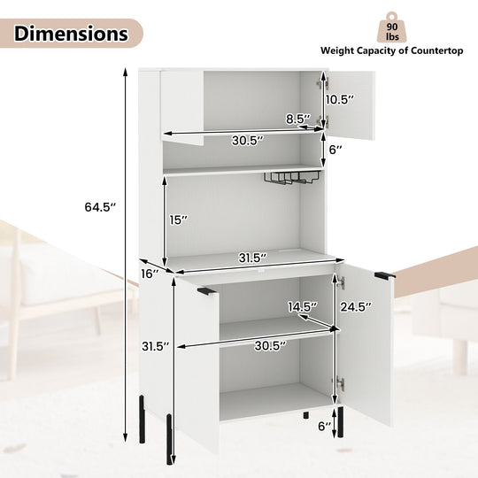 64.5 Inches Tall Kitchen Pantry Cabinet with Charging Station and Wine Glass Rack