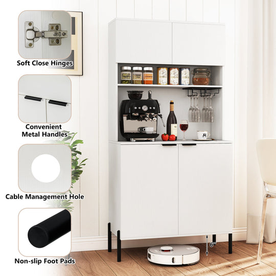 64.5 Inches Tall Kitchen Pantry Cabinet with Charging Station and Wine Glass Rack
