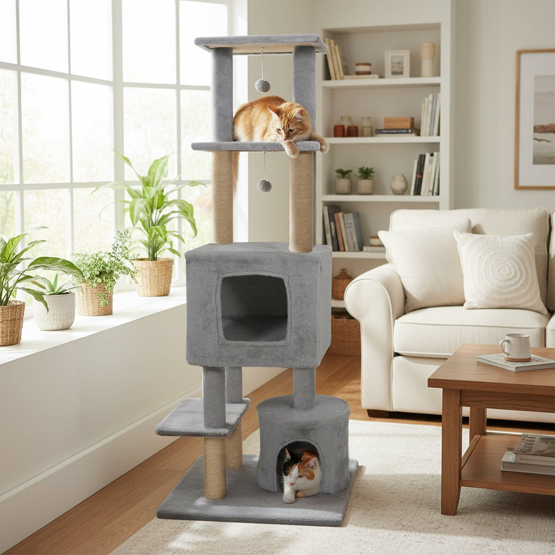 64 Inch Tall Cat Tree with 2 Large Condos and Jute Scratching Posts for Indoor Adult Cats