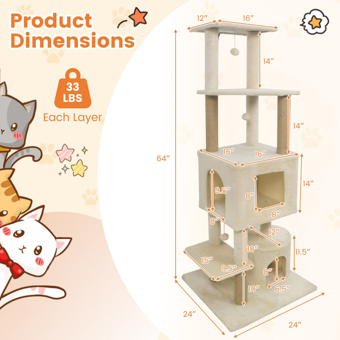64 Inch Tall Cat Tree with 2 Large Condos and Jute Scratching Posts for Indoor Adult Cats