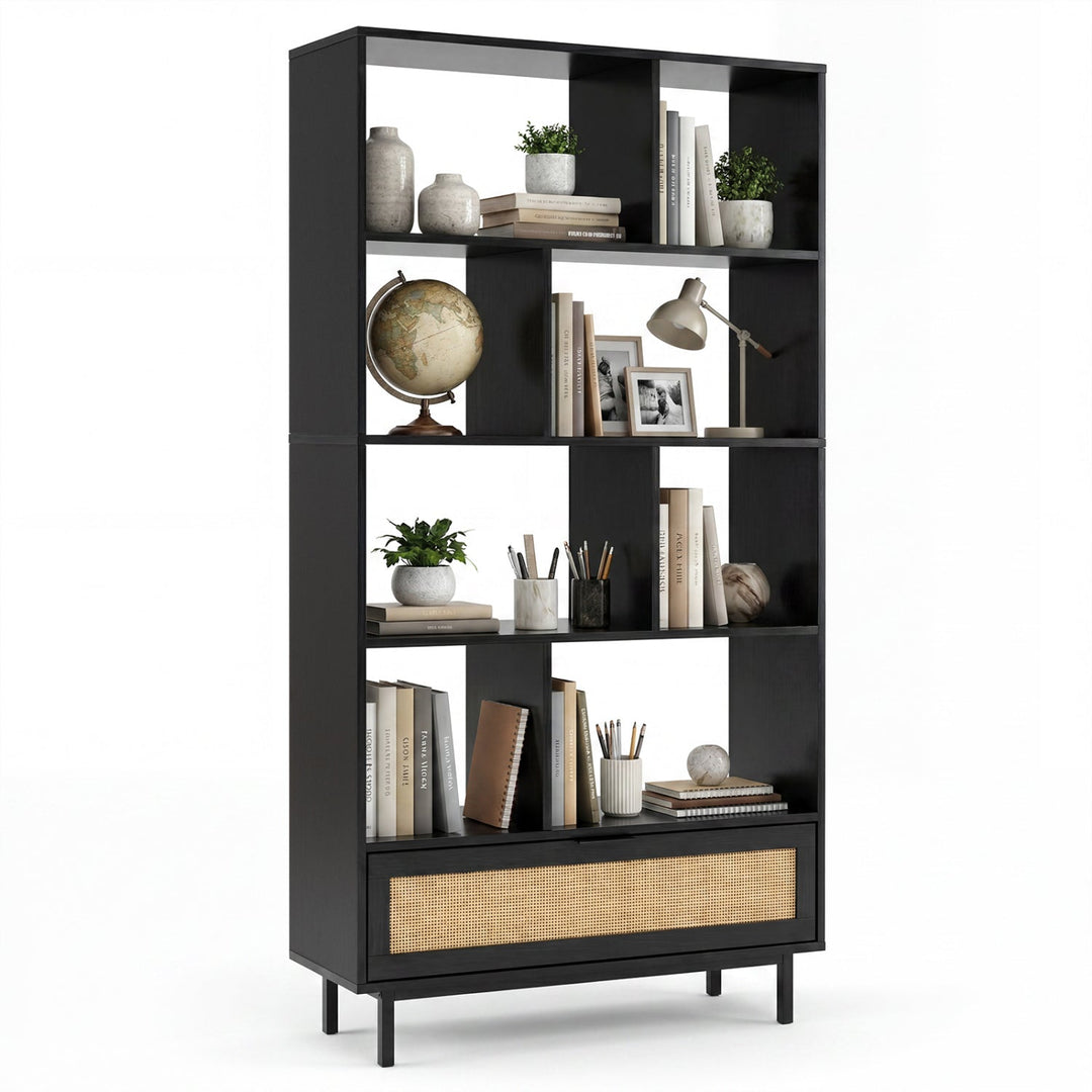 64-Inch Tall Wooden Bookcase with 8 Cubes and Drawer