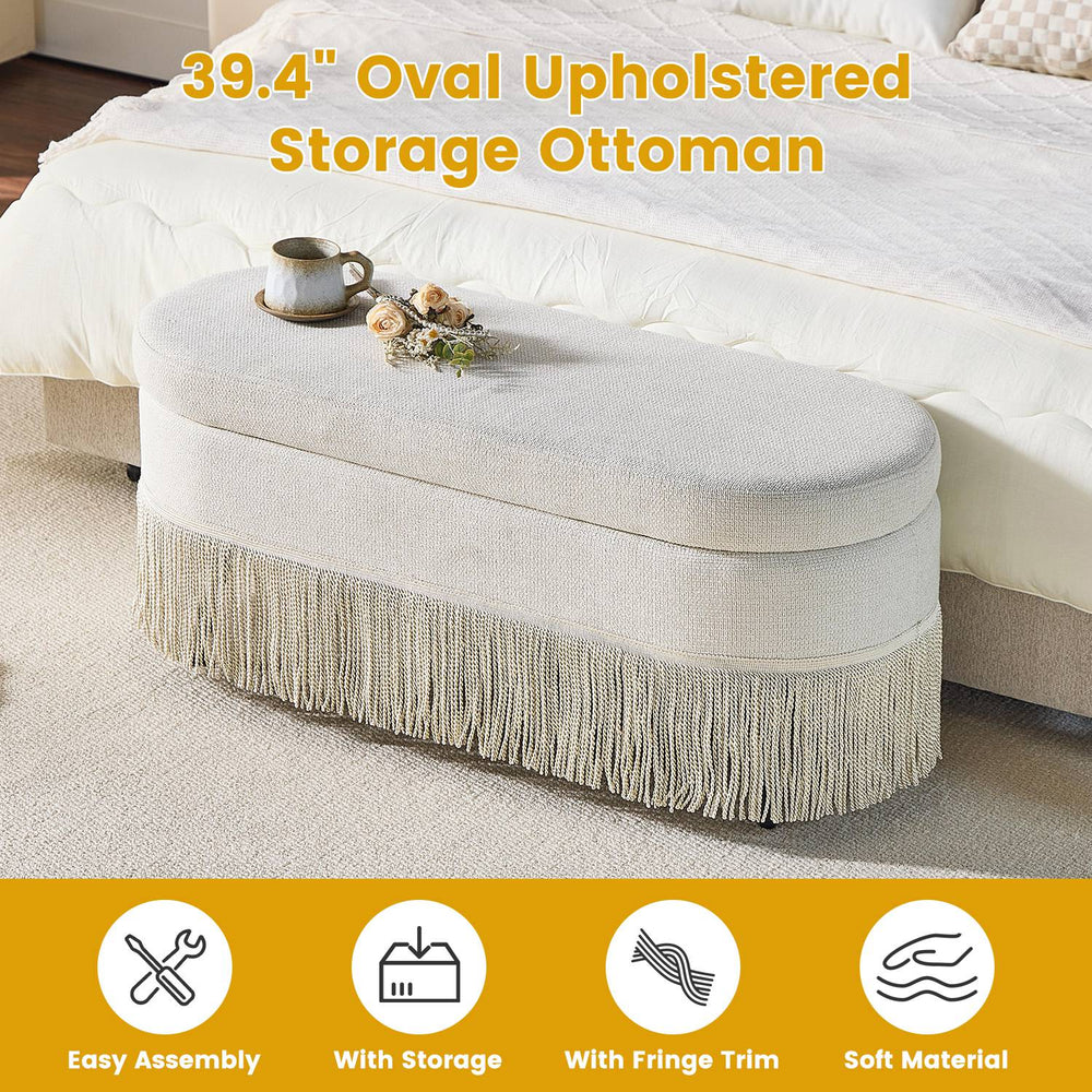 Oval Upholstered Storage Ottoman with Fringe Trim, 39.4"