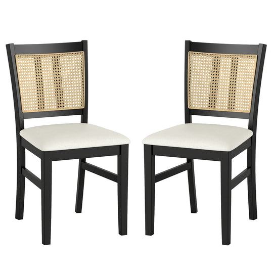 Farmhouse Rattan Dining Chair Set of 2 with Rubber Wood Legs and Cane Back-Beige