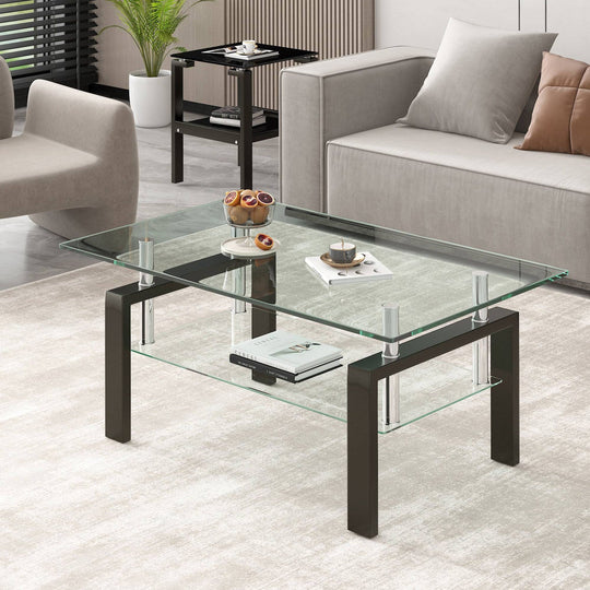 Tempered Glass Coffee Table with 2-Layer Design